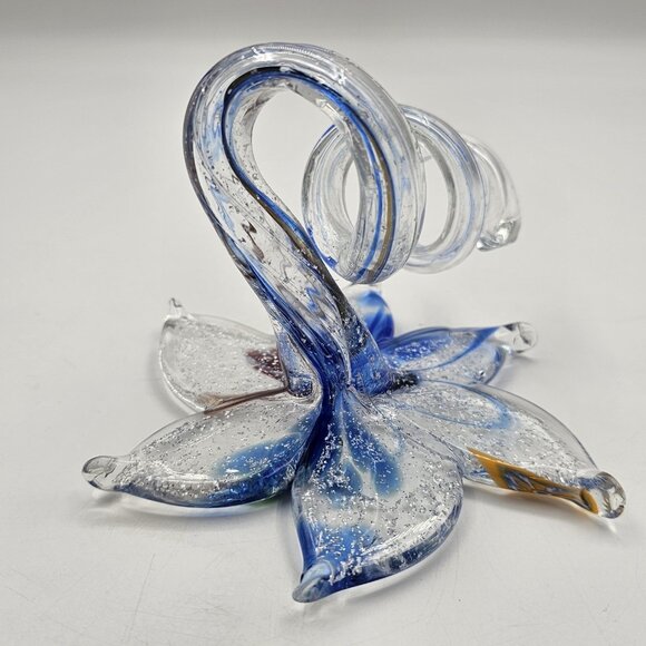 Murano Italy Hand Blown Glass Flower Sculpture Silver Blue Swirl Stem Art 4.75" - Picture 9 of 12